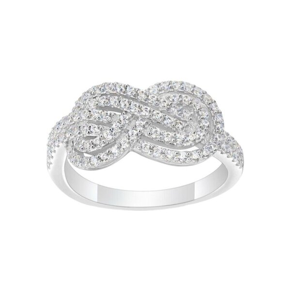 NEW 14K White Gold Plated Cubic Zirconia Pave Infinity Knot Ring Sz. 8 - Picture 2 of 11